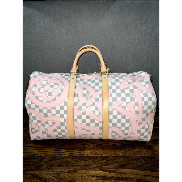 Louis Vuitton Keepall Bandouliere 50 Tahitienne Pink Damier Azur Travel Bag - Picture 6 of 11